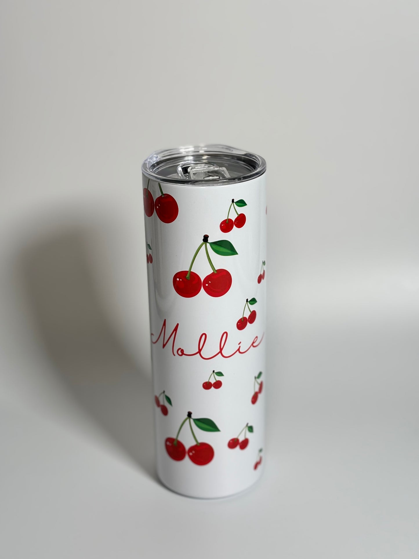 Cherry Print Personalised 20oz Tumbler with Name  Red Cherries Design White Background