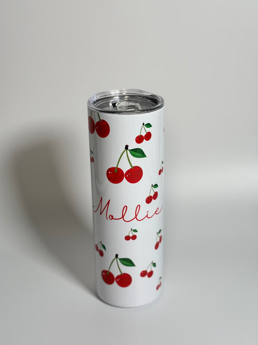 Cherry Print Personalised 20oz Tumbler with Name  Red Cherries Design White Background