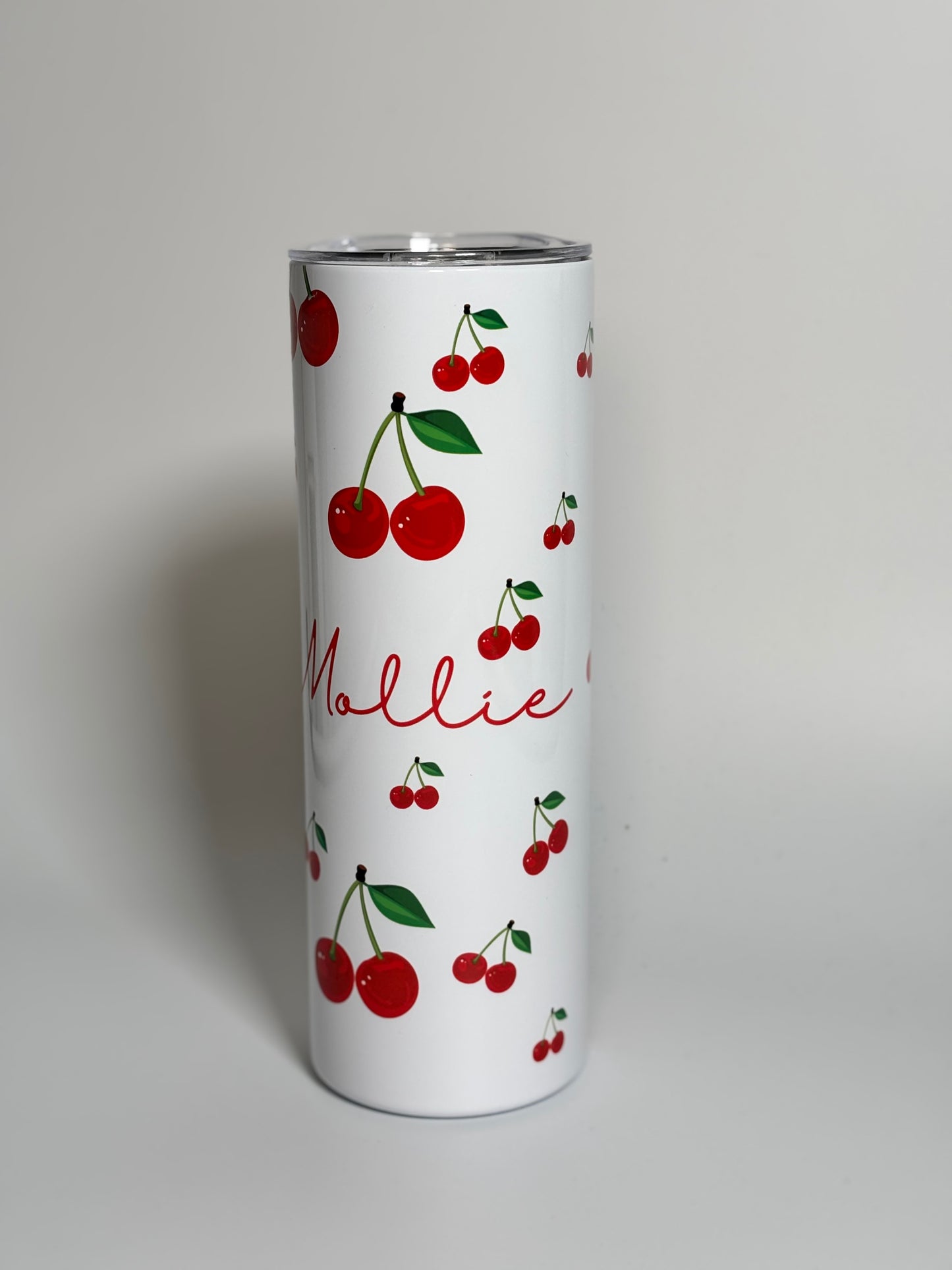 Cherry Print Personalised 20oz Tumbler with Name  Red Cherries Design White Background
