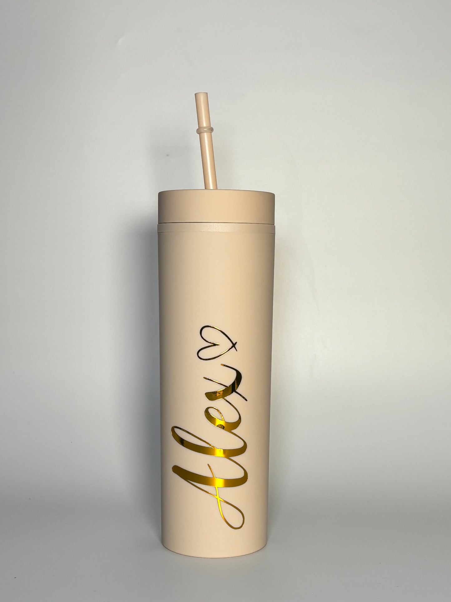 Beige Tumbler with Gold Personalised Name - Customisable Drinkware with Elegant Gold Script Design