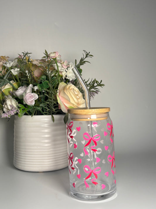 Pink Bow Glass Can Cup