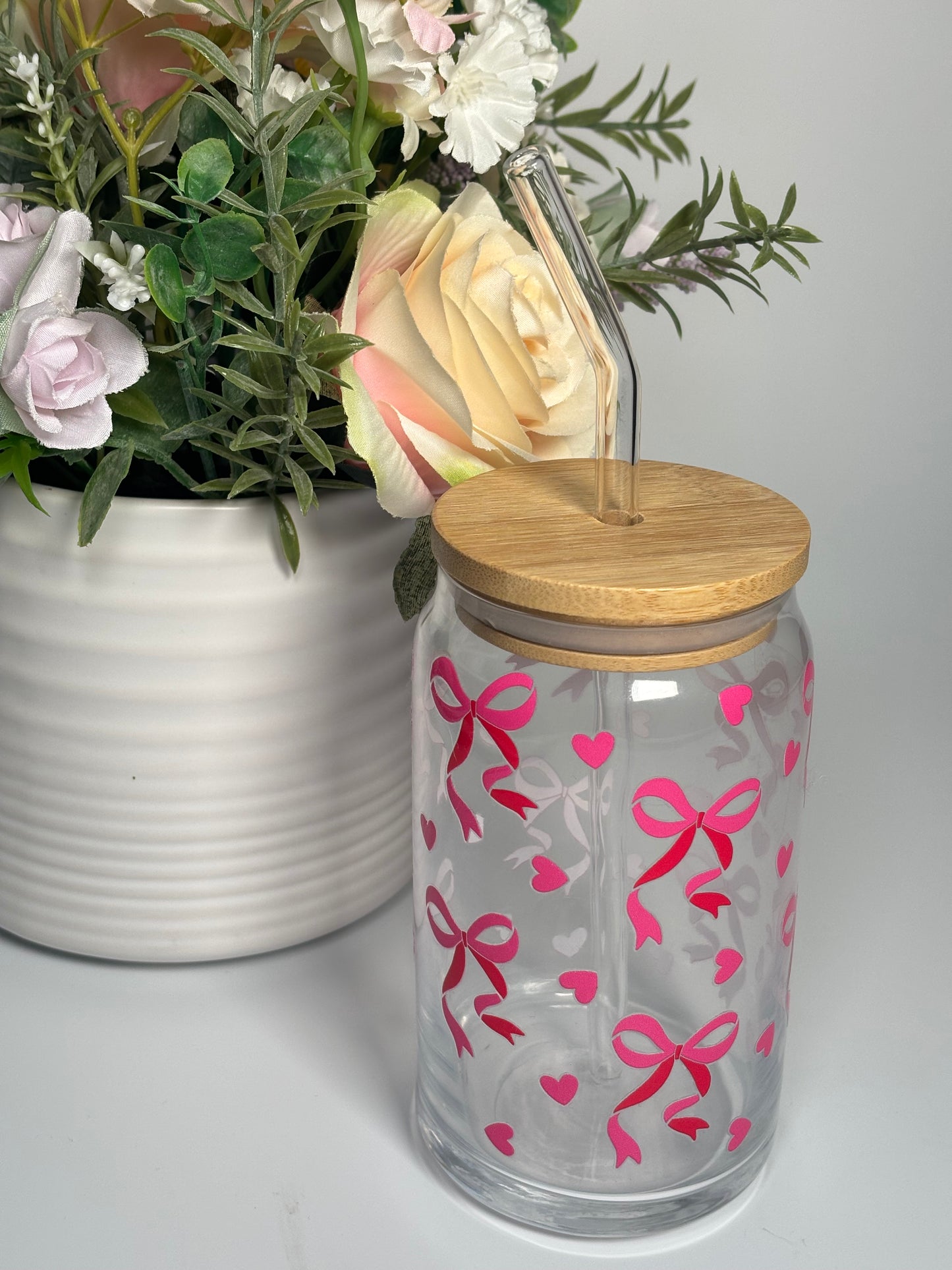 Pink Bow Glass Can Cup