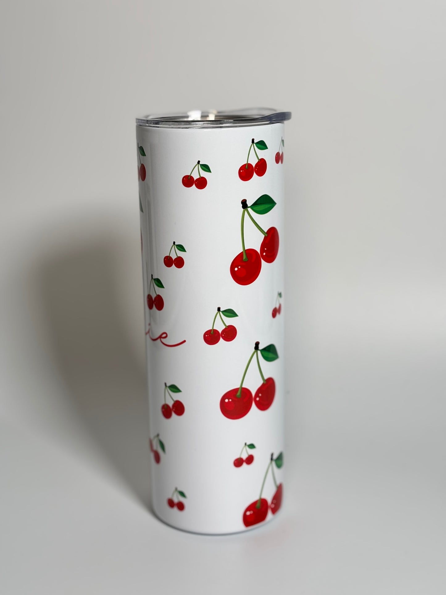 Cherry Print Personalised 20oz Tumbler with Name  Red Cherries Design White Background
