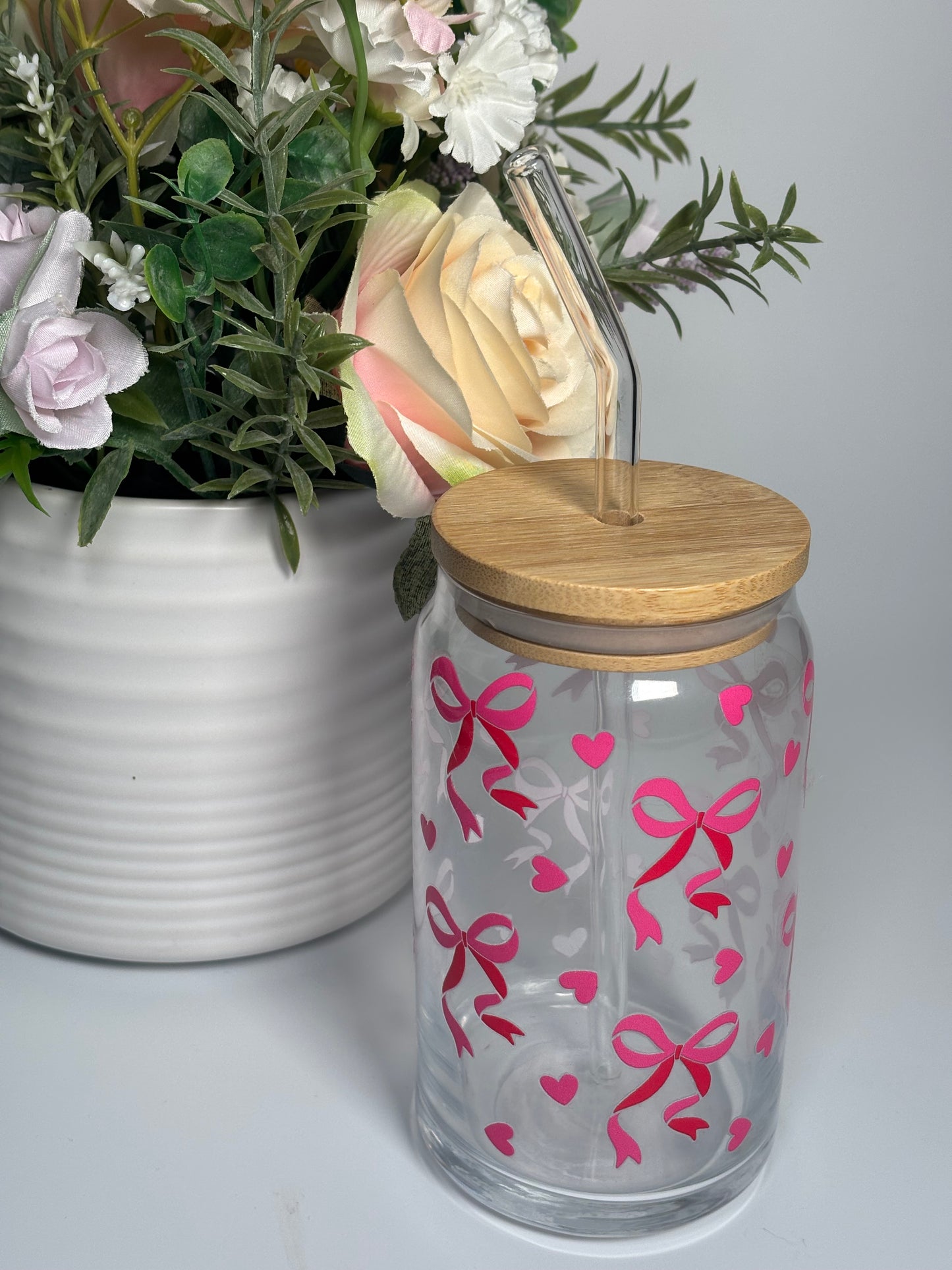 Pink Bow Glass Can Cup