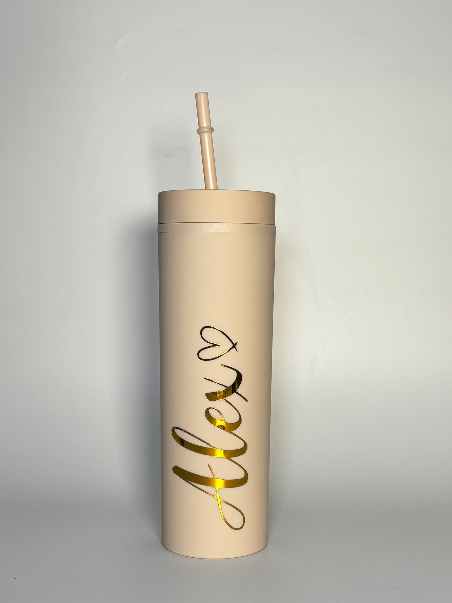 Beige Tumbler with Gold Personalised Name - Customisable Drinkware with Elegant Gold Script Design