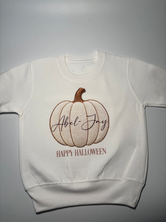 Children’s Happy Halloween Sweatshirt – Personalised Embroidered Effect Pumpkin Design
