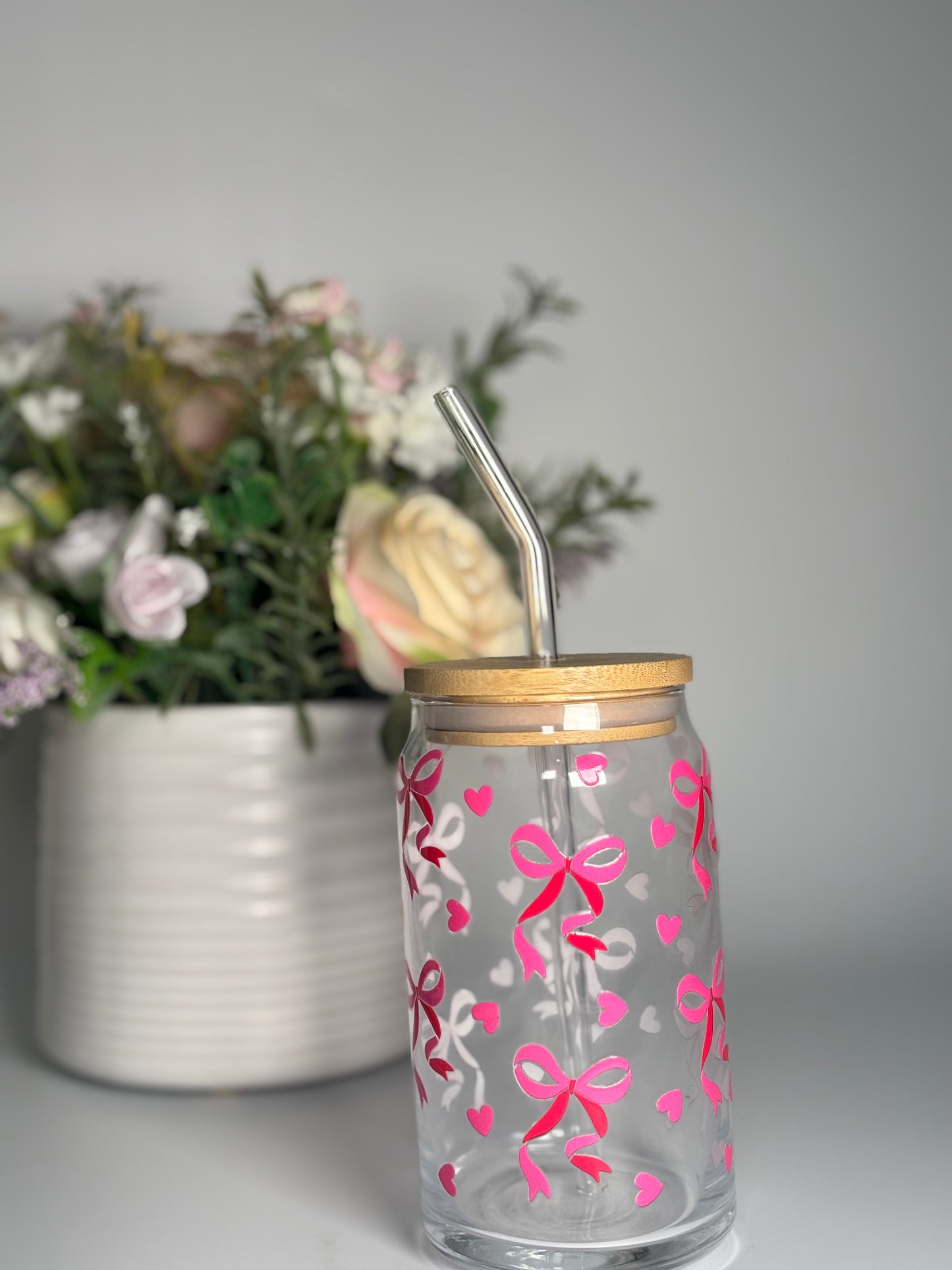 Pink Bow Glass Can Cup