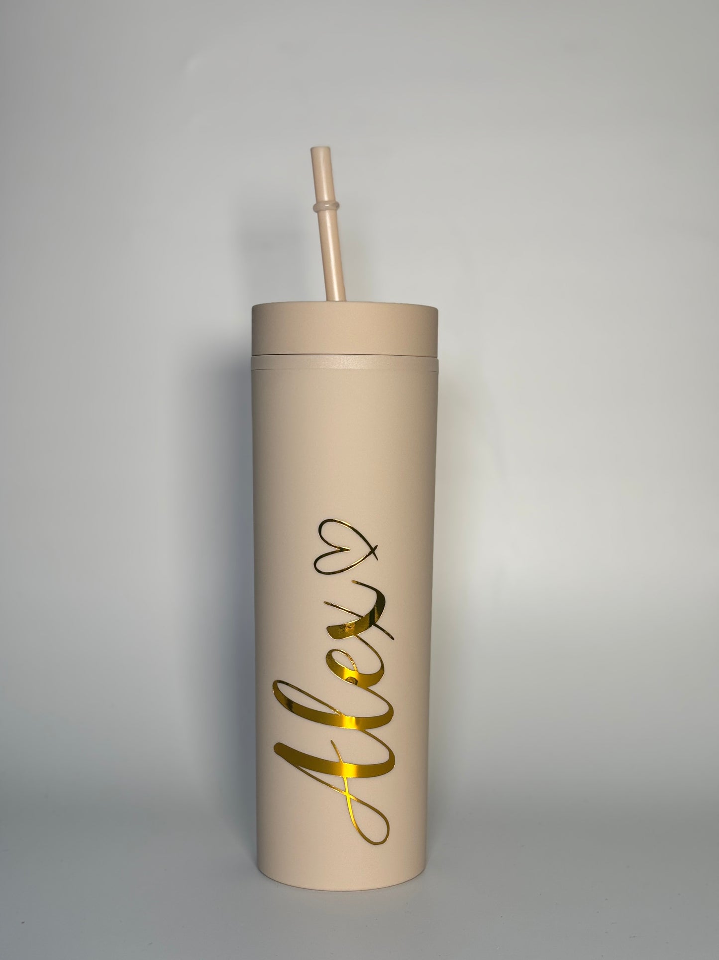 Beige Tumbler with Gold Personalised Name - Customisable Drinkware with Elegant Gold Script Design