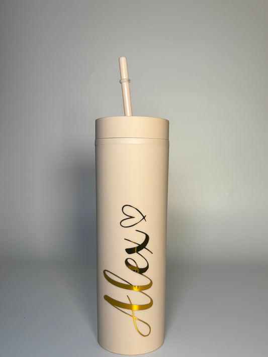 Beige Tumbler with Gold Personalised Name - Customisable Drinkware with Elegant Gold Script Design