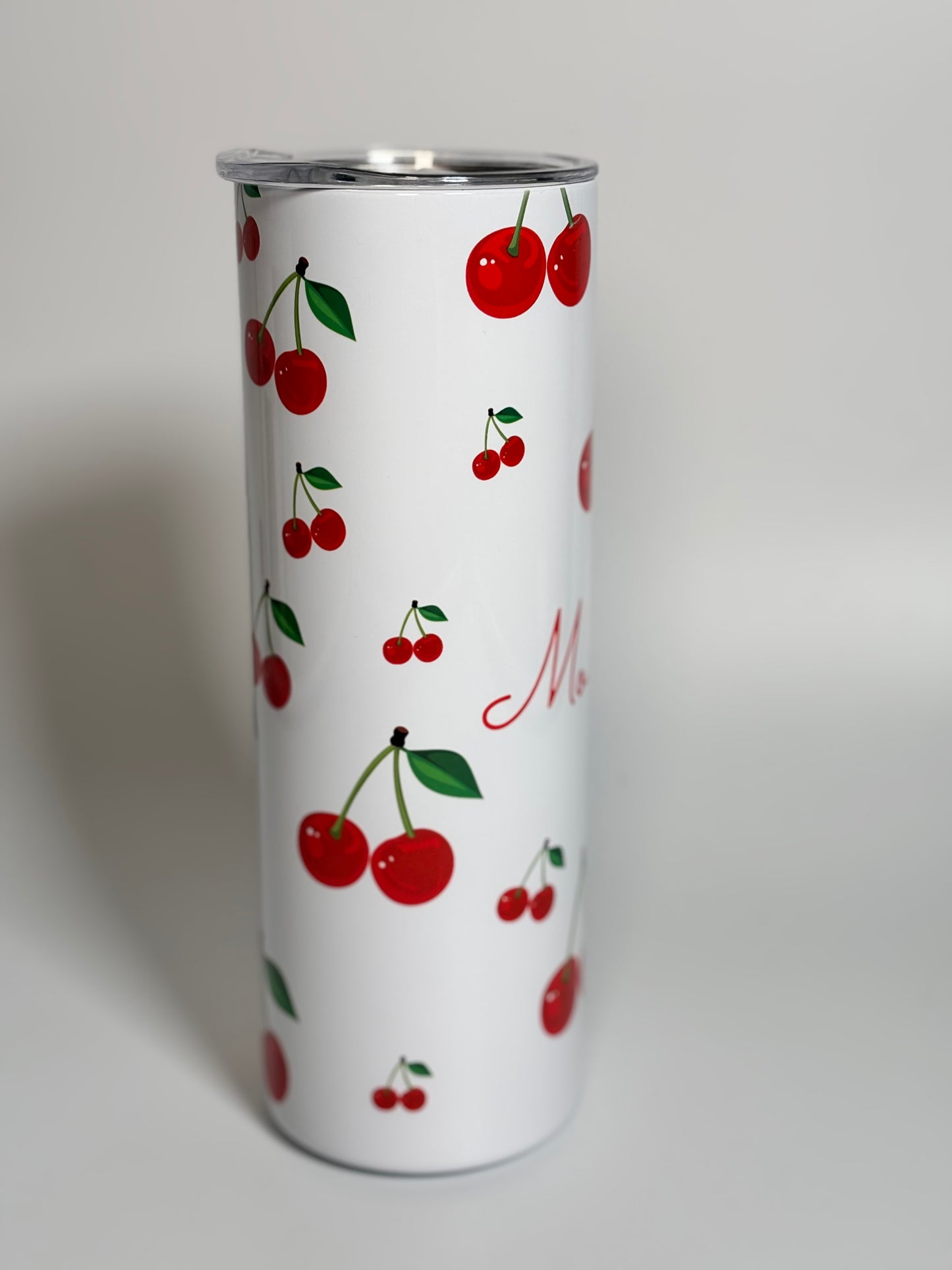 Cherry Print Personalised 20oz Tumbler with Name  Red Cherries Design White Background