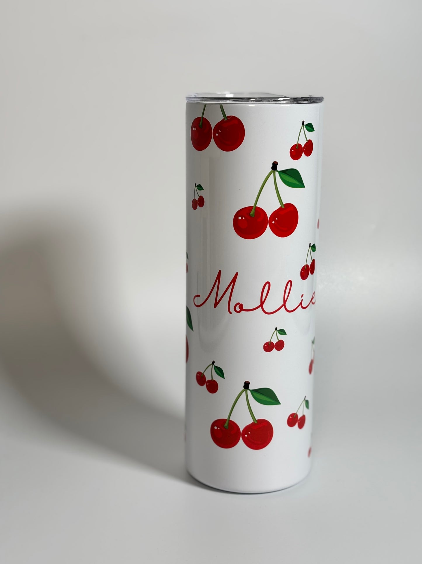 Cherry Print Personalised 20oz Tumbler with Name  Red Cherries Design White Background