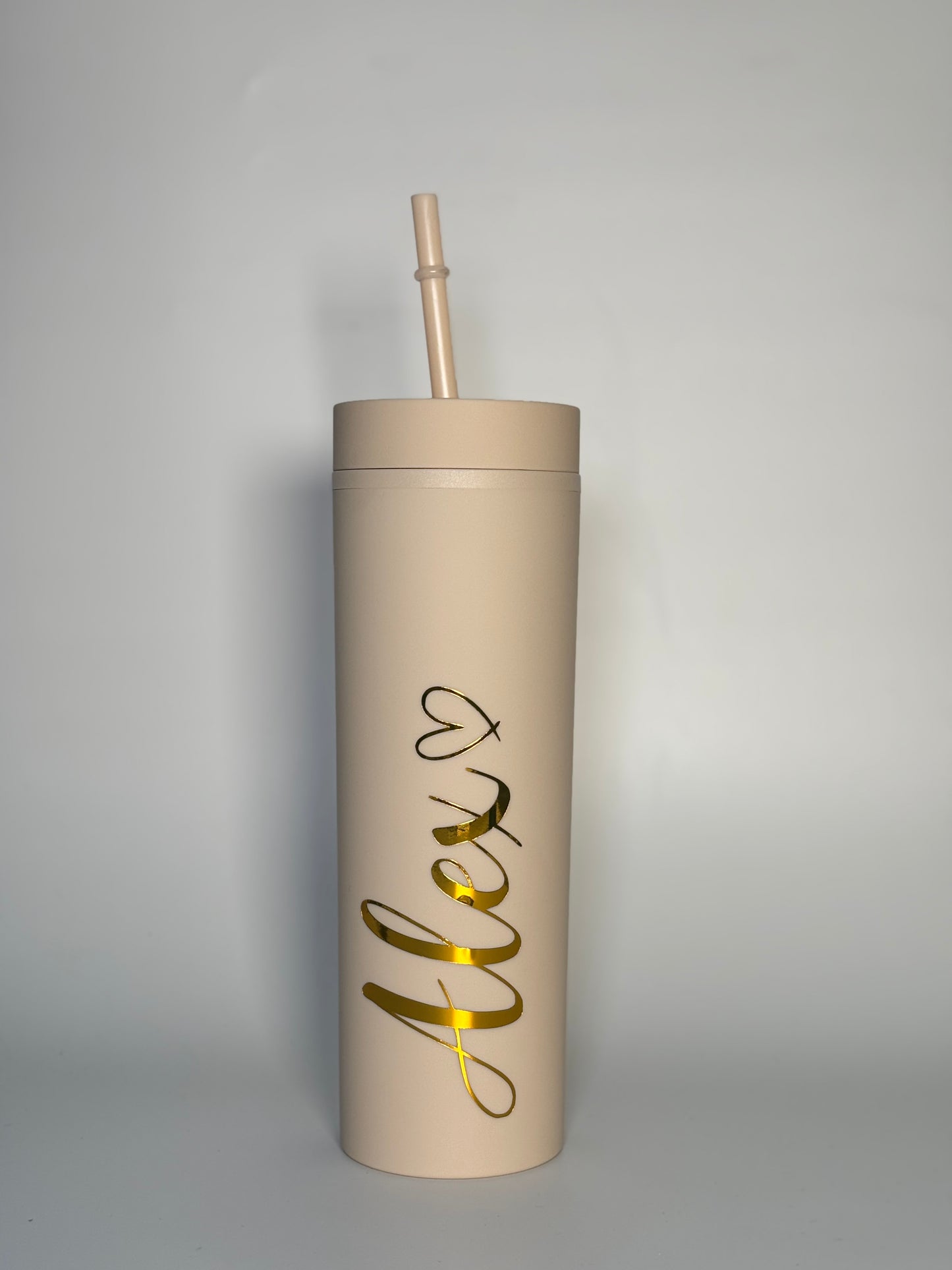 Beige Tumbler with Gold Personalised Name - Customisable Drinkware with Elegant Gold Script Design