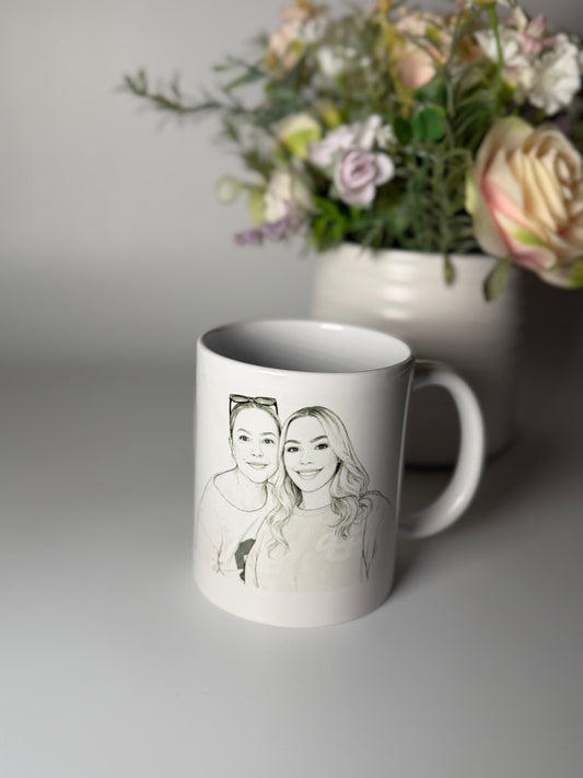Personalised Fine Line Portrait Mug – Custom Mother & Daughter Illustration Gift